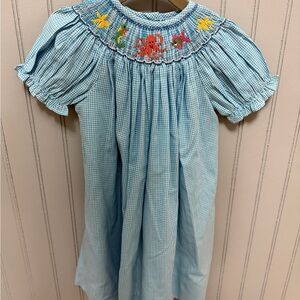 Blue Gingham Smocked Dress with Embroidery